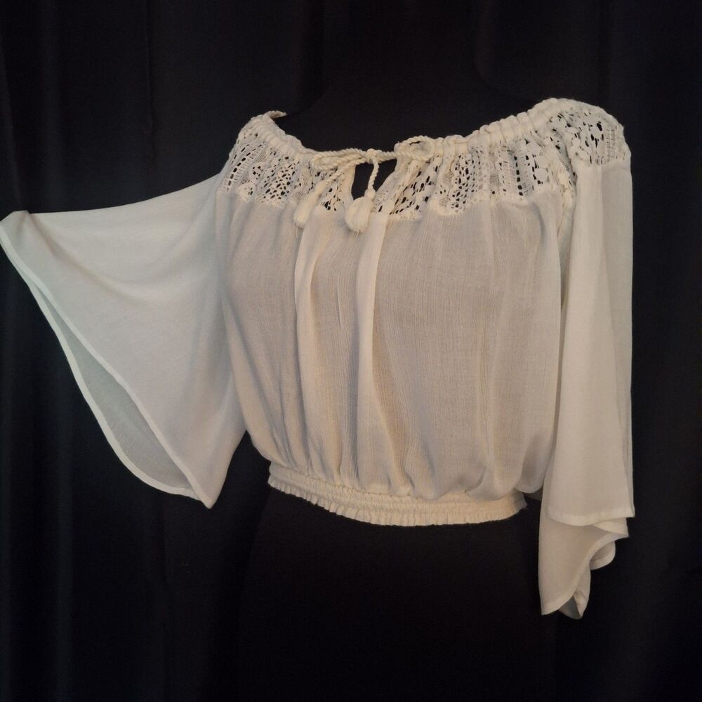Y2K Peasant crop top angel Sleeve Boho Smocked Waist Tie Neck L cottage festival